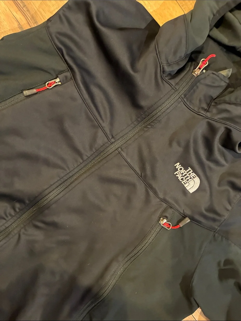 The North Face Black Hooded Windbreaker Windstopper with Red Zipper Accents